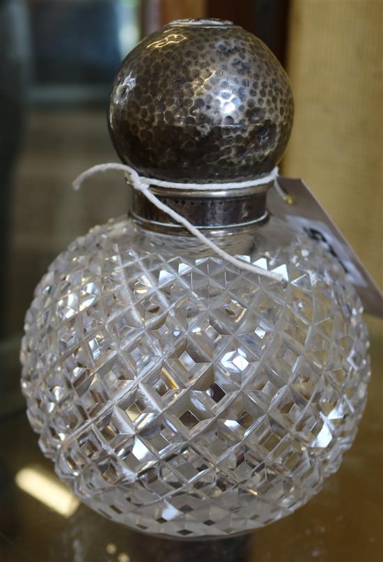 Large Victorian silver mounted spherical cut glass scent bottle